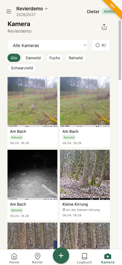 Kamera-Galerie mit KI-Wildtiererkennung